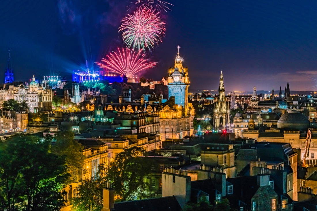 Fireworks over Edinburgh City at Night
