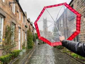 Rainy day in Edinburgh umbrella on Circus Lane