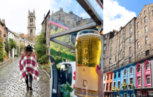 Weekend in Edinburgh - woman with tartan cape on Circus Lane, beer at Edinburgh Castle, Victoria St colorful buildings