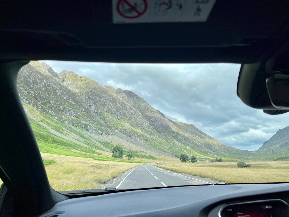 Glencoe from car window on Highlands day tour