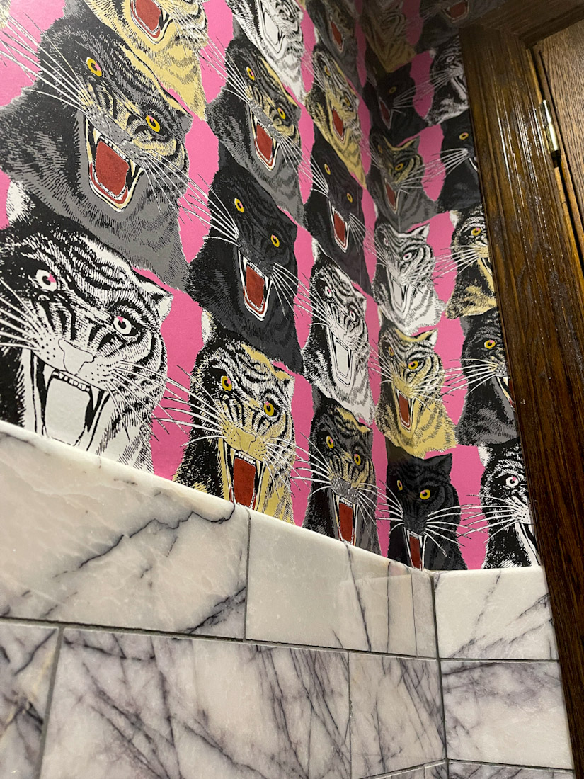 House of Gods wallpaper toilet pink with large cats