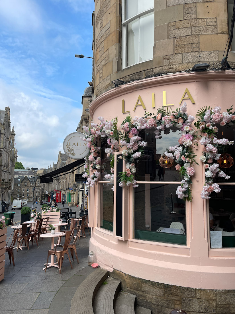 Laila Edinburgh pink painted cafe with flowers