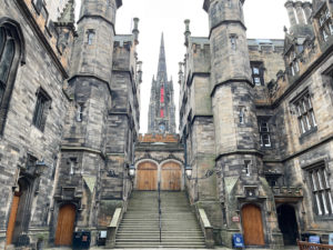 Gothic towering buildings and steps at New College Edinburgh