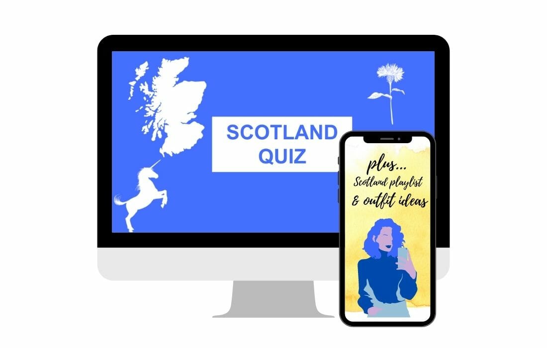 Scotland Trivia Quiz Zoom desktop with blue background and Scotland map, phone with yellow background and woman