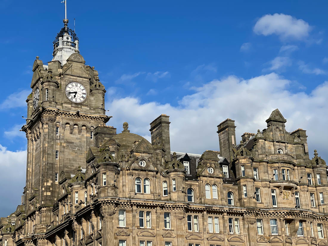 The Balmoral Clock Tower and Hotel against blue sky