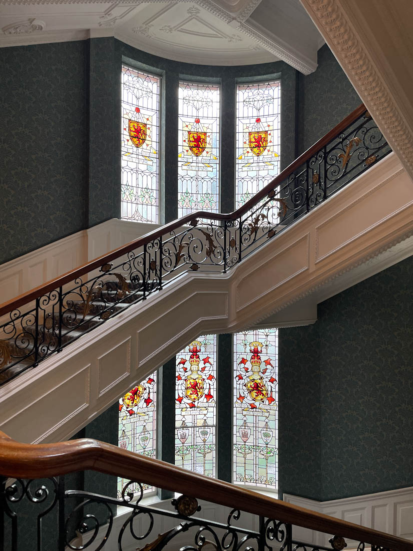 The Balmoral Hotel staircase with stain glassed windows