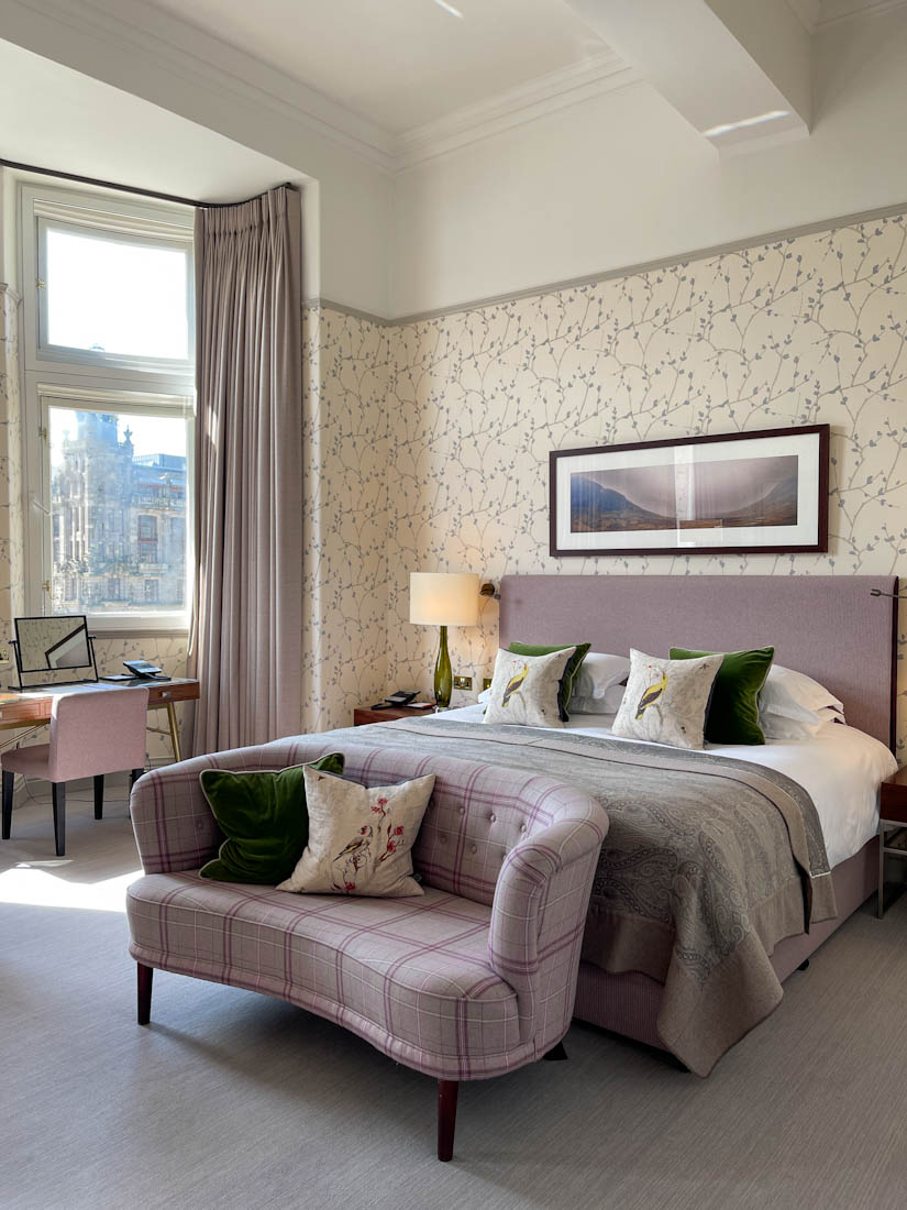 The Balmoral bedroom with heather purple bedding