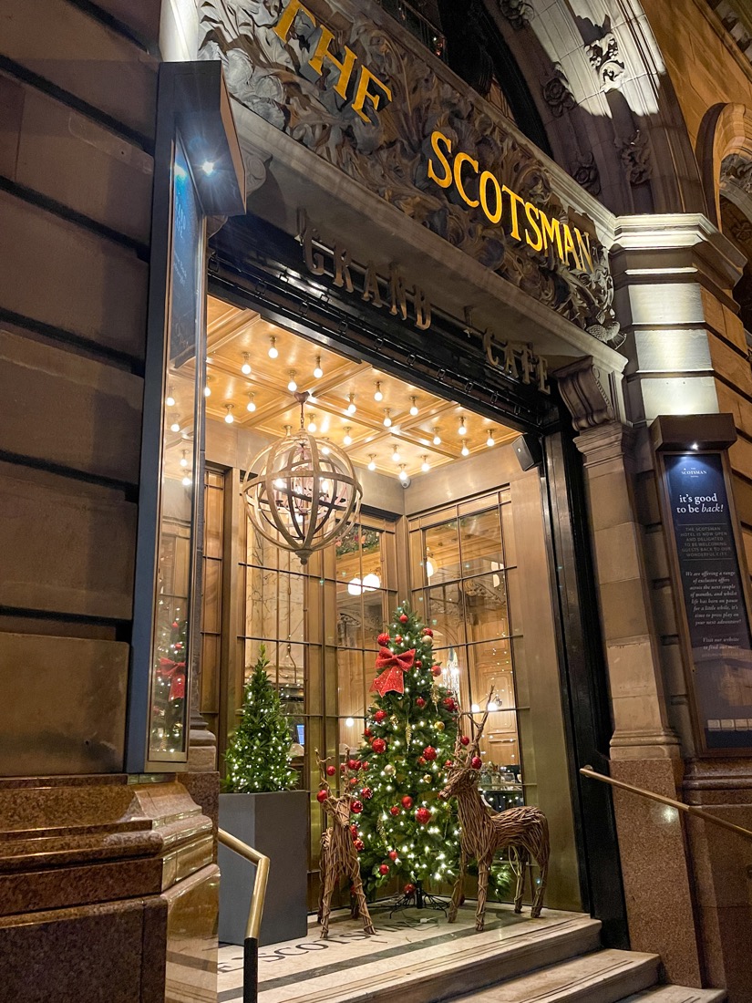 Front door with festive decor at Scotsman Hotel Edinburgh