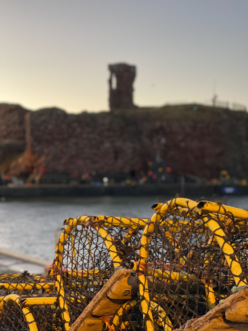 Dunbar Castle and yellow creels