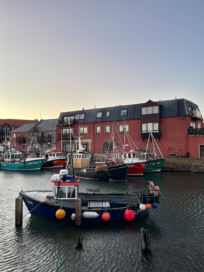 Dunbar Harbour with boats and red building