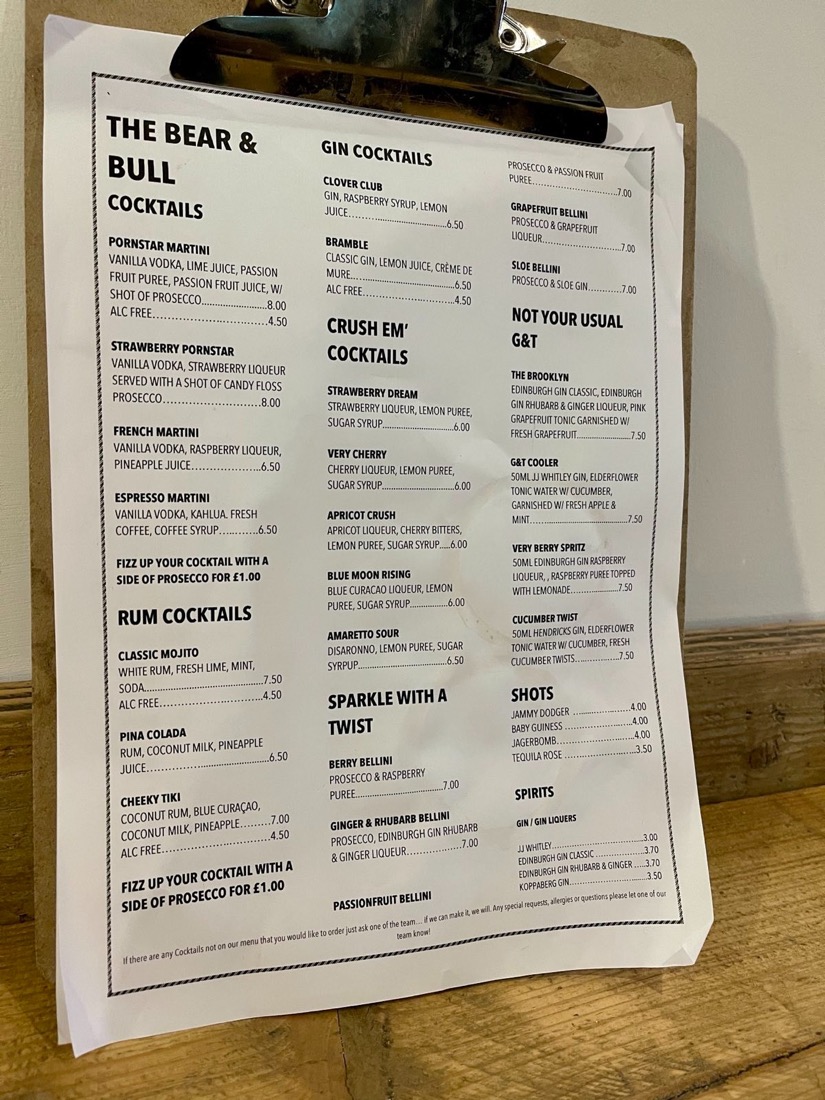 The Bear & Bull bar Dunbar menu