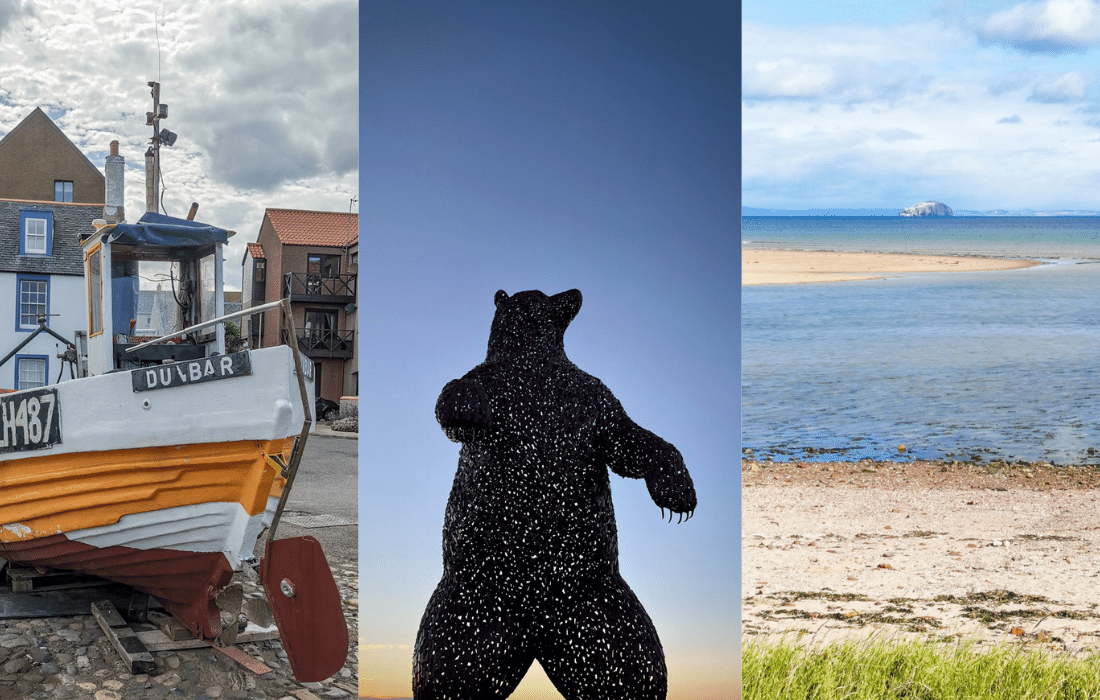 Image 1: yellow boat, image 2: Bronze bear monument, image 3: sandy beach in Dunbar