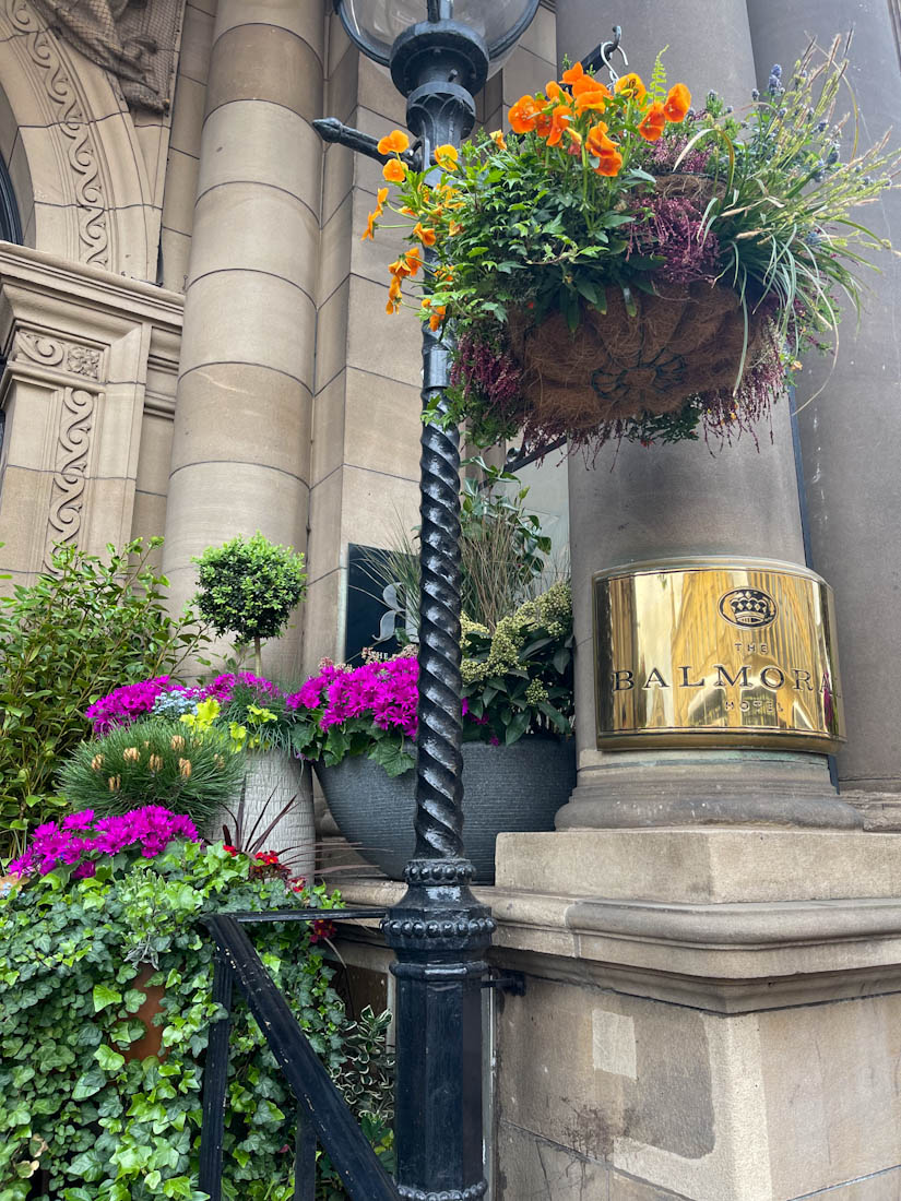 Balmoral Hotel entrance with flowers