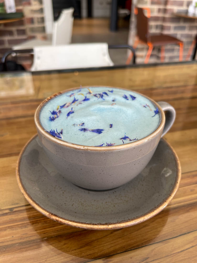 Blue latter in cup with flower petals on top from Holy Cow Lounge