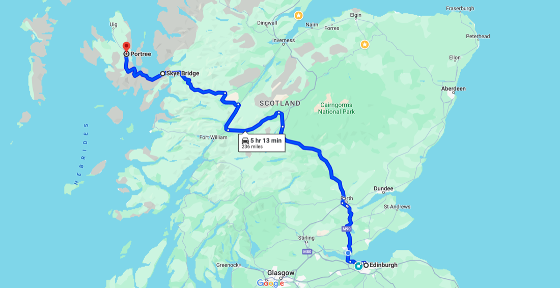 Map of Edinburgh to Skye Direct Driving Route