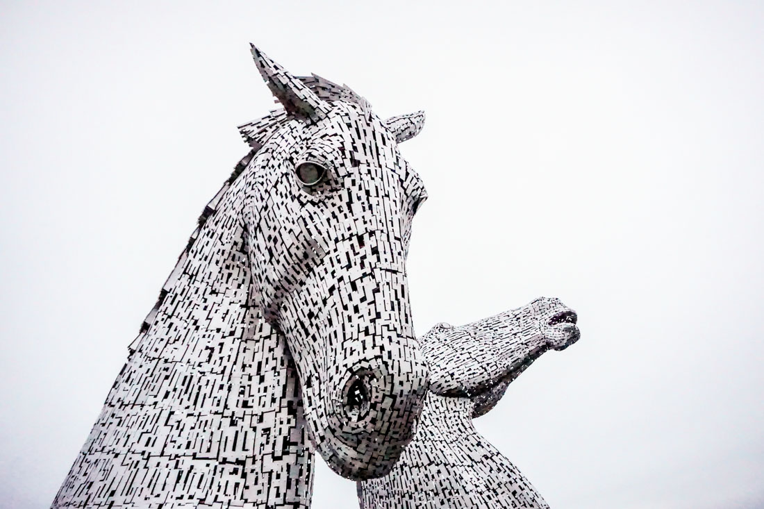 Two 100 ft steel structures shaped like mythical Kelpies in Falkirk Scotland 