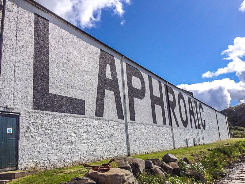 Laphroaig Islay white building with black name on it