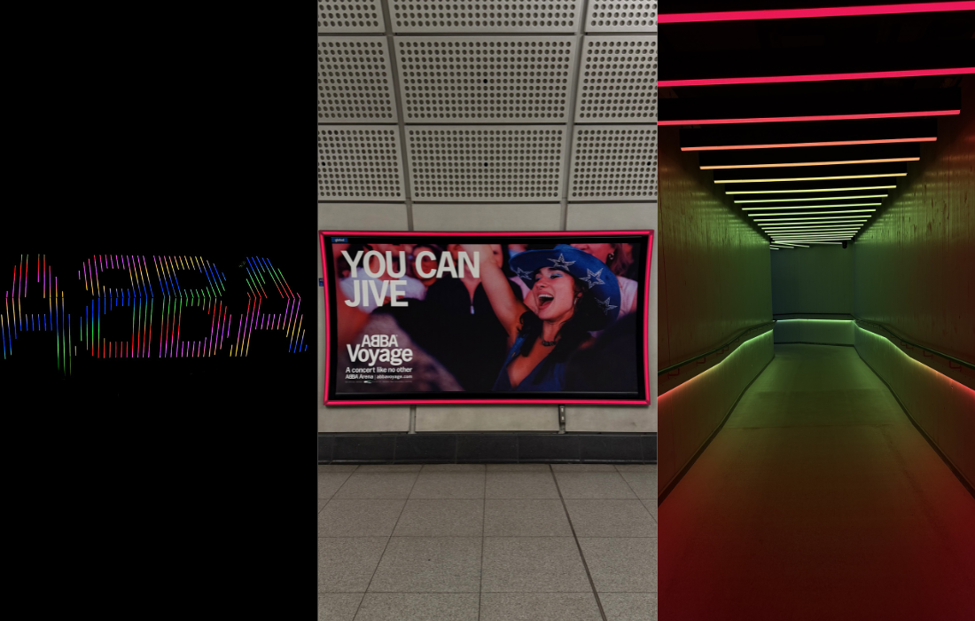 Three images, ABBA sign, tube poster for ABBA Voyage with girl singing, light tunnel
