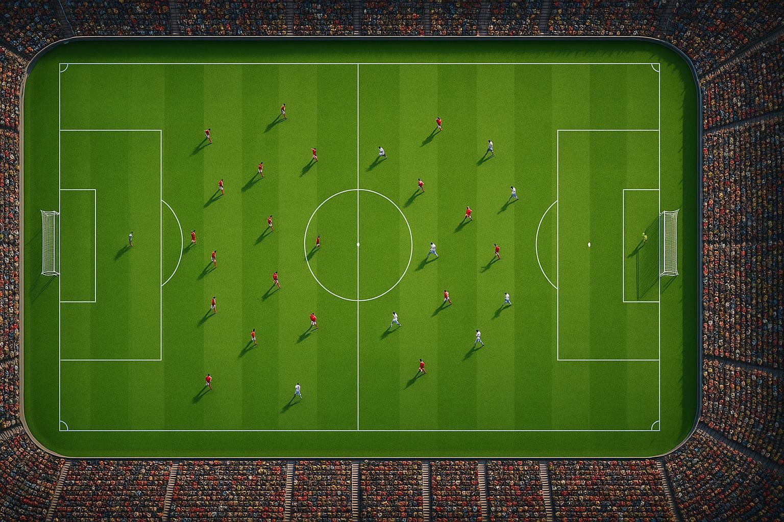 Aerial drone view of a full football match in progress on a green pitch with a packed stadium