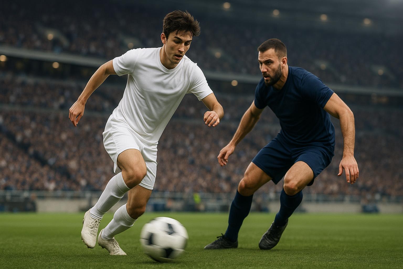 Footballer in white kit dribbling past a defender in a packed Premier League stadium