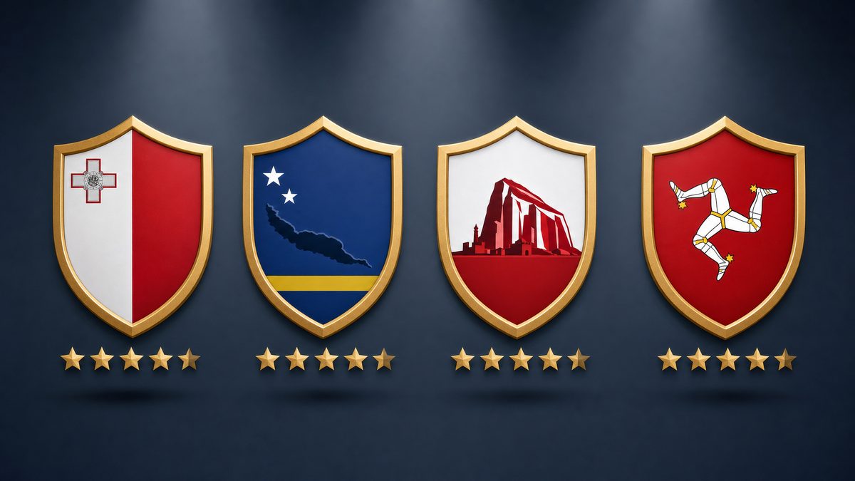 Non-UK casino licence badges: MGA, Curaçao, Gibraltar, Isle of Man