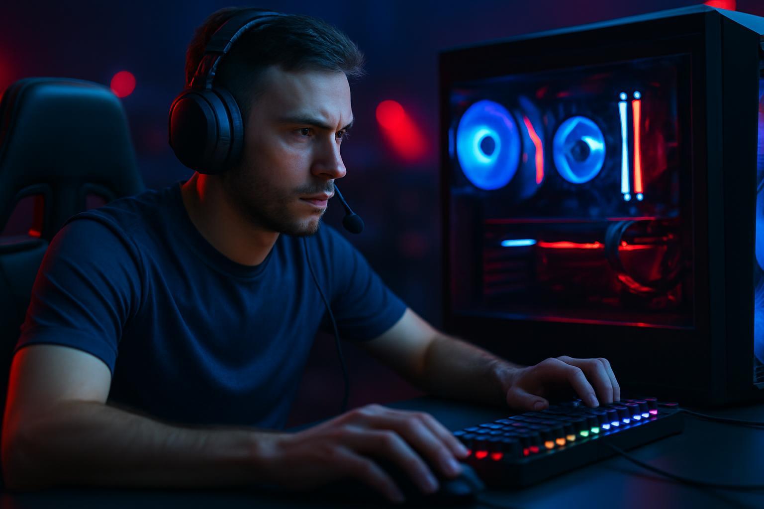 Professional esports player at illuminated gaming PC setup during competition