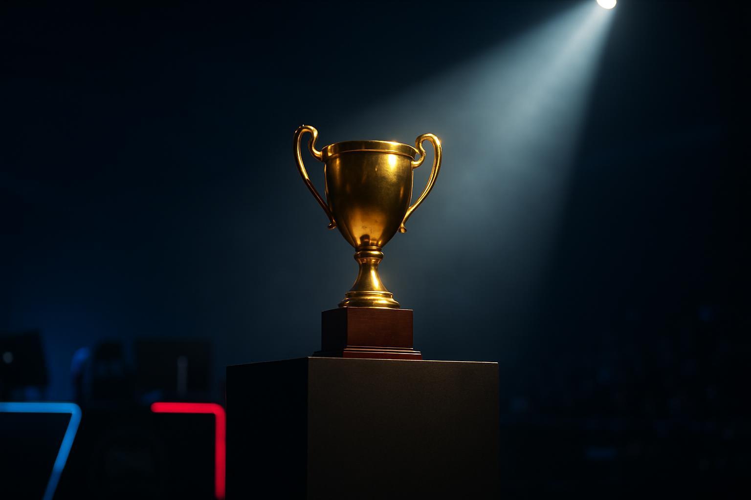 Gold trophy on a podium under a spotlight at a gaming competition event