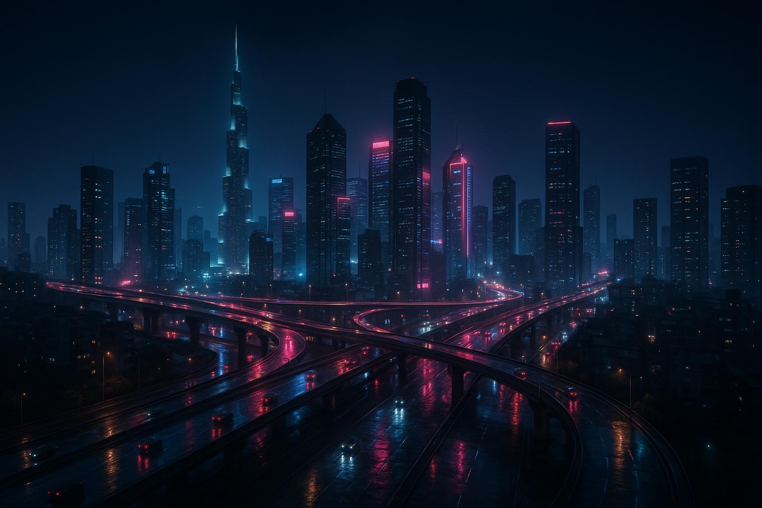 Cinematic wide shot of a sprawling modern city skyline at night with neon lights