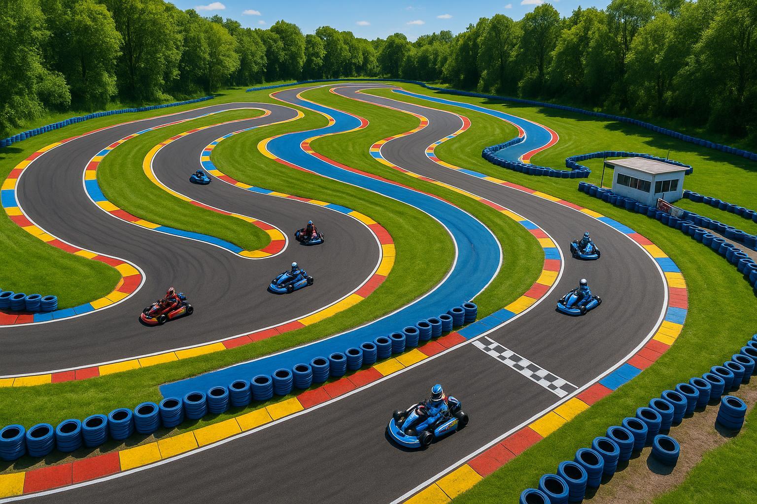 Aerial view of a colourful go-kart racing circuit on a sunny day