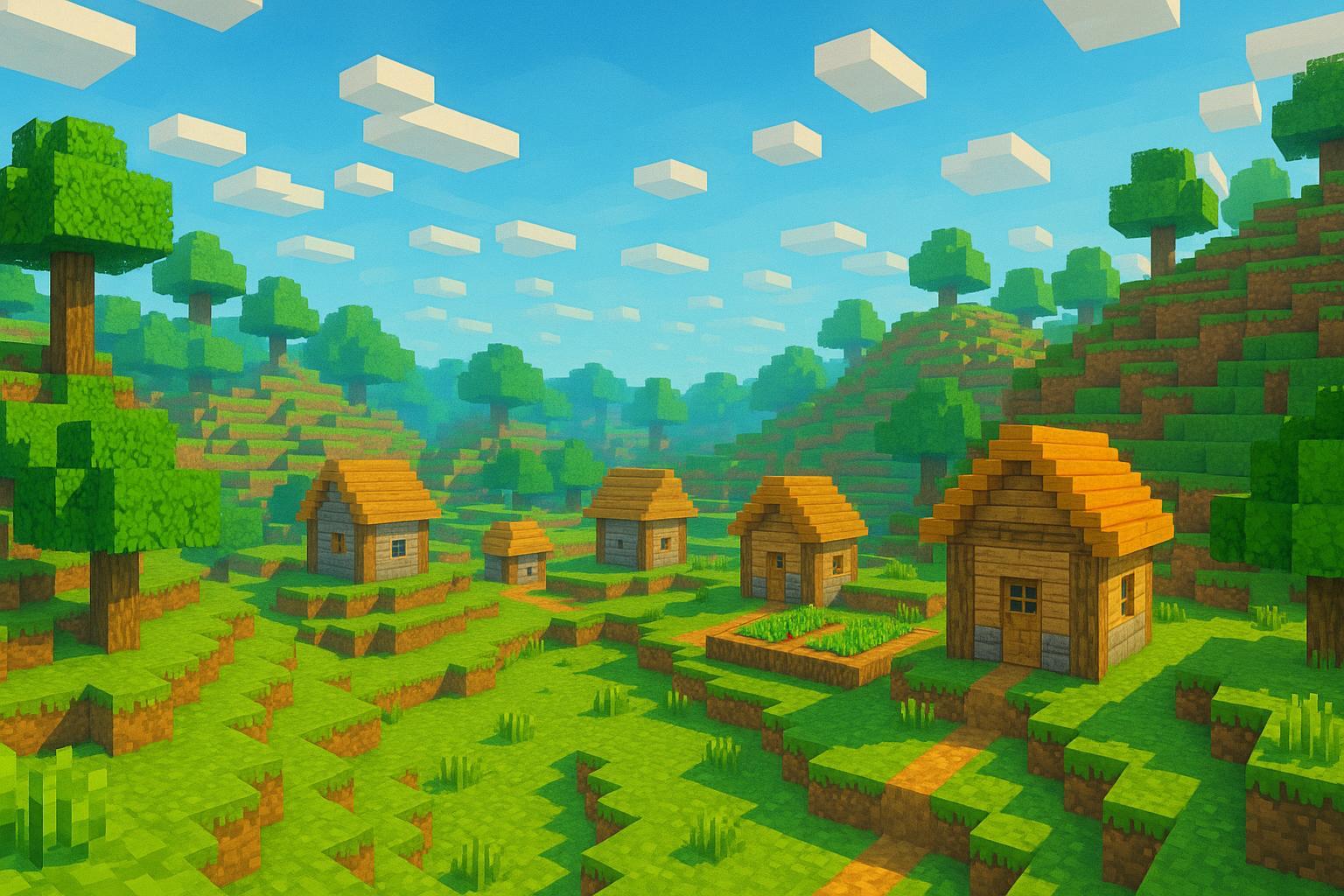 Minecraft blocky landscape with colourful biomes and a small village
