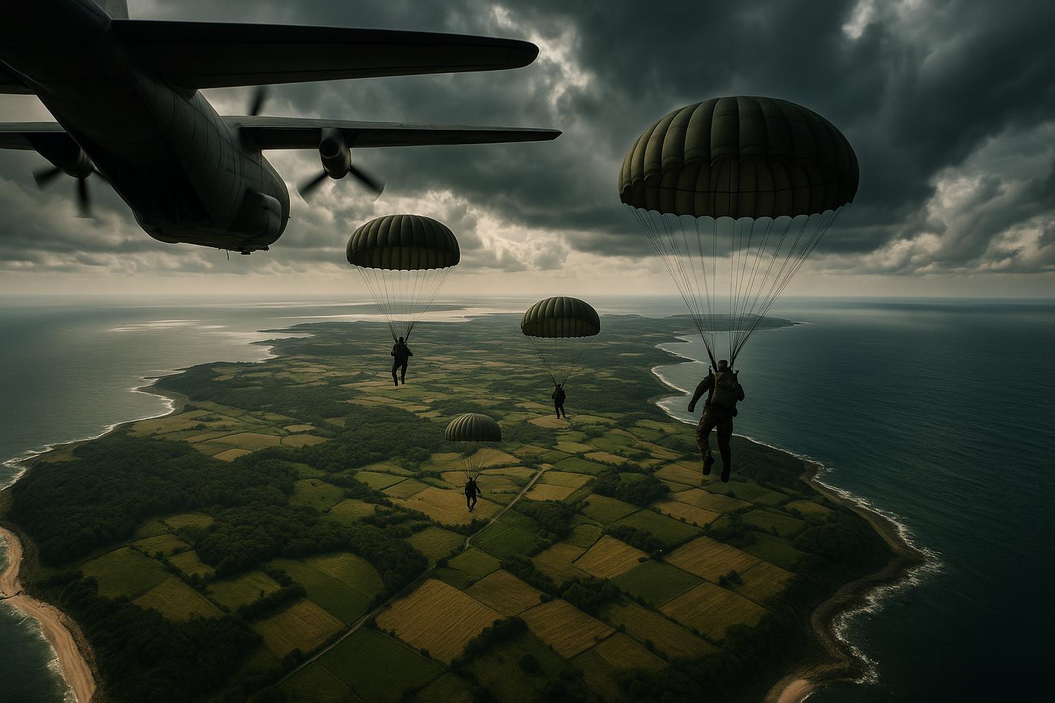Aerial view of players parachuting over a large island landscape in a military survival game