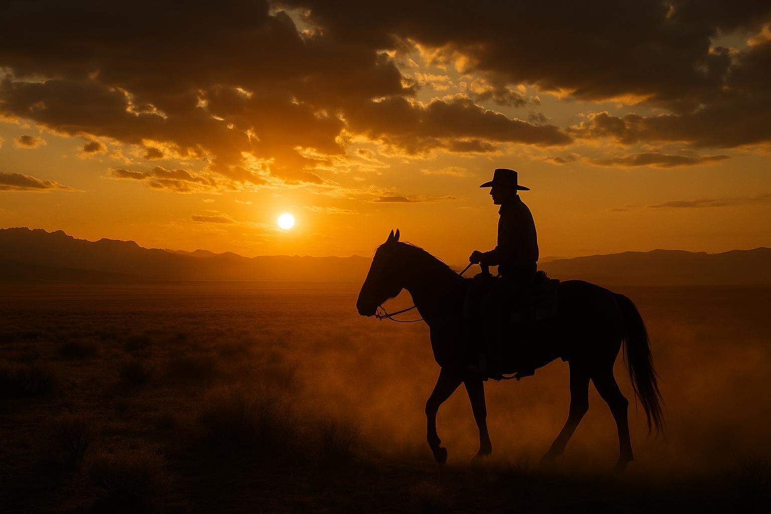 Cinematic frontier landscape with a cowboy on horseback at golden sunset