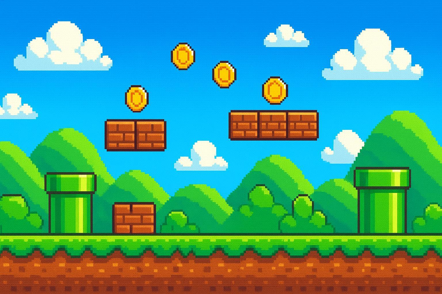 Classic retro platformer pixel art world with green pipes, floating platforms and gold coins