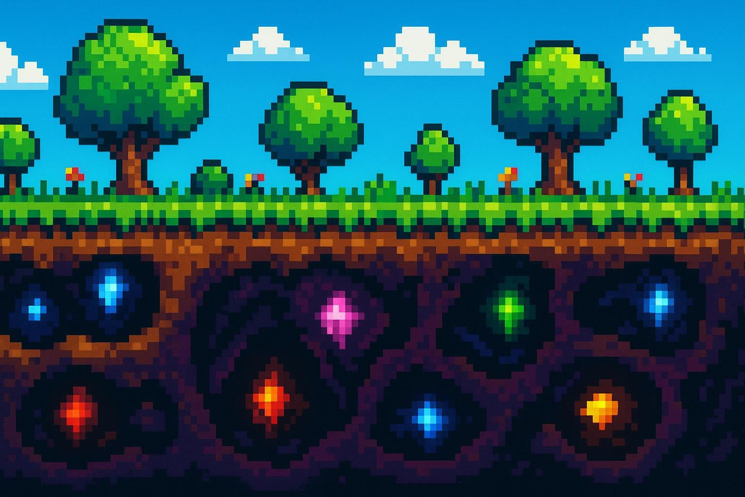 Colourful 2D pixel art sandbox world with underground caves and glowing gems