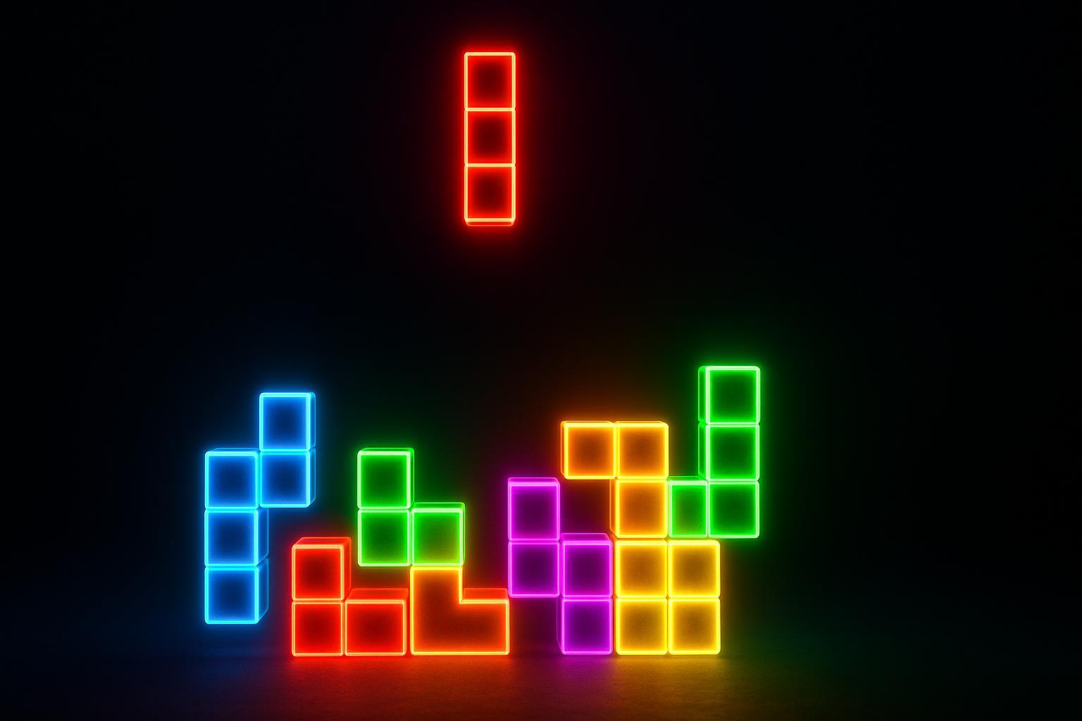 Classic Tetris colourful neon falling blocks on a dark background