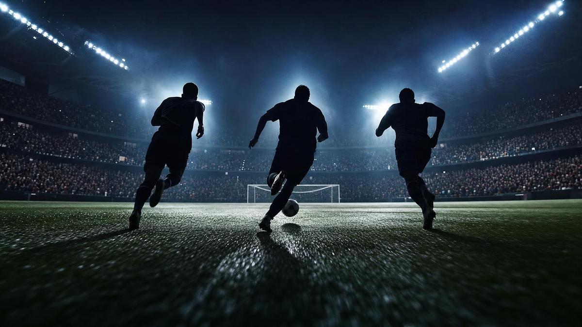 Three elite football players silhouette sprinting toward goal at World Cup 2026