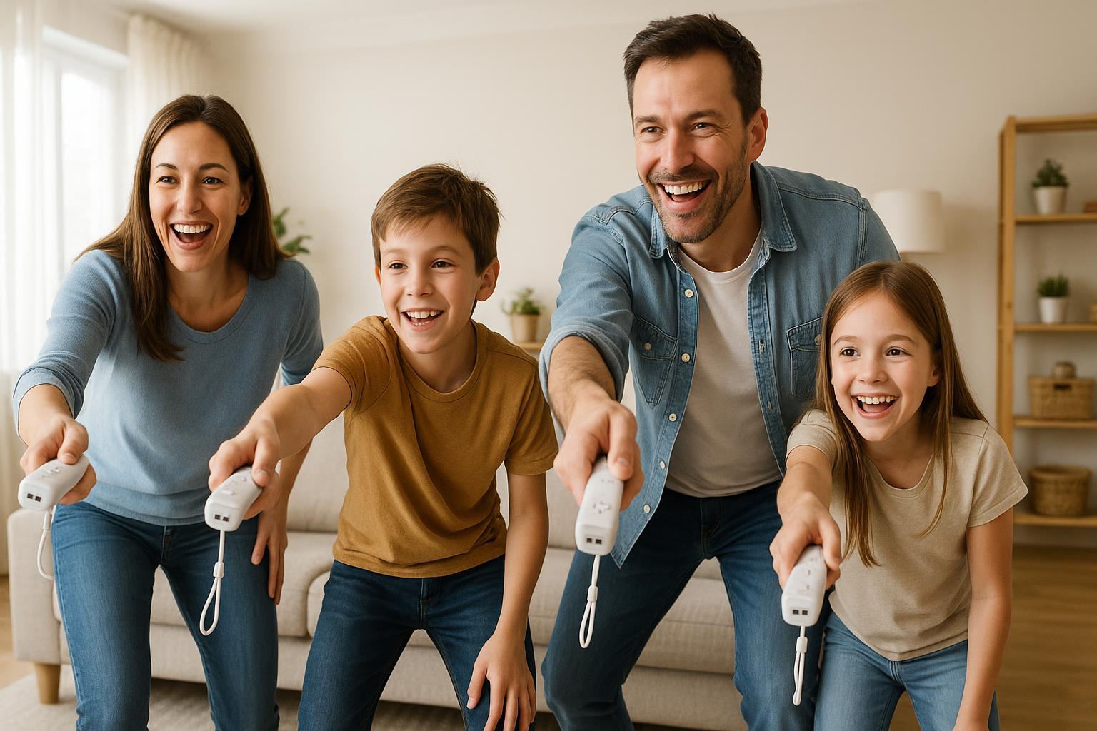 Family playing Wii Sports tennis in a bright living room with motion controllers