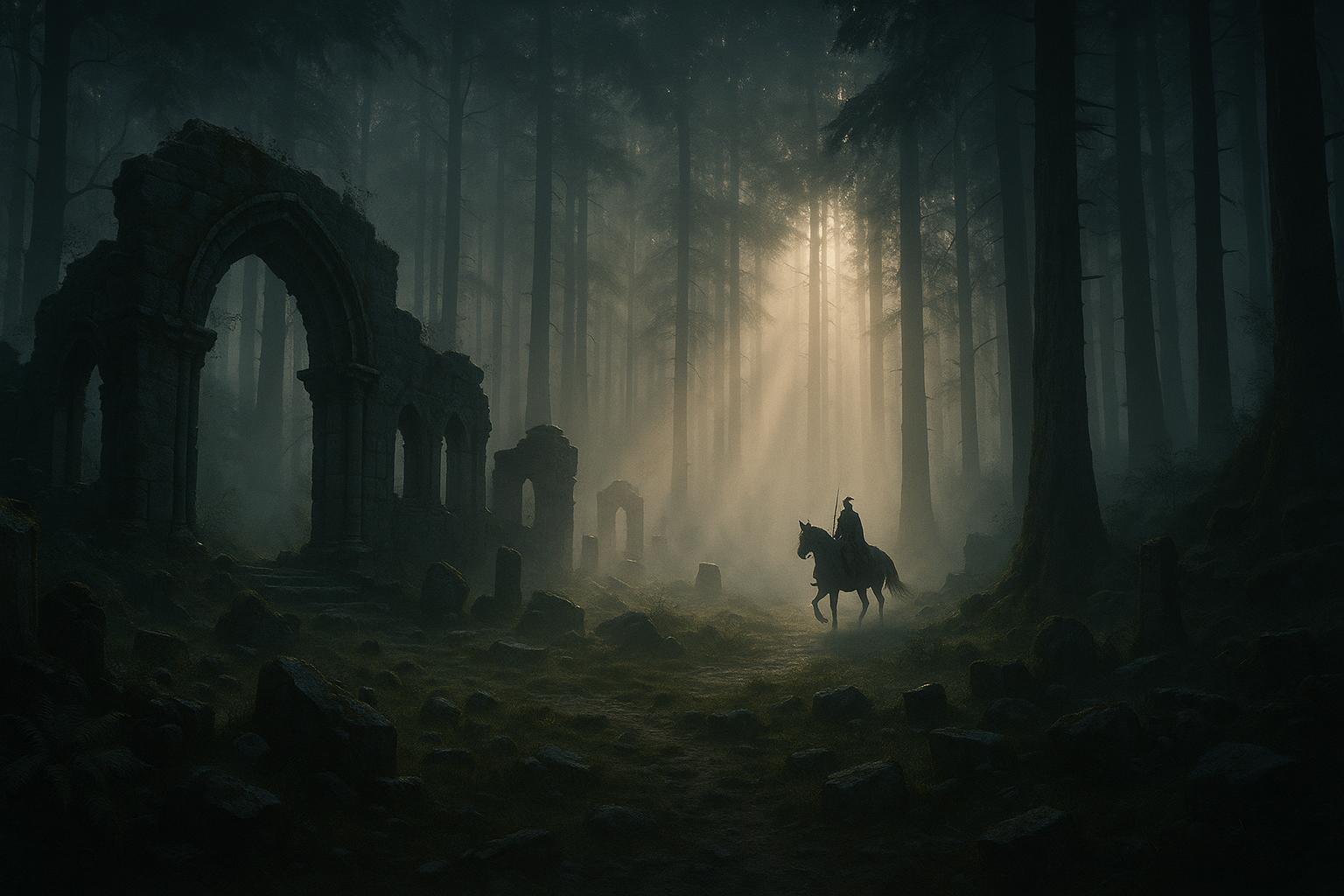 Cinematic misty forest with ancient ruins and a lone horseback warrior at dawn