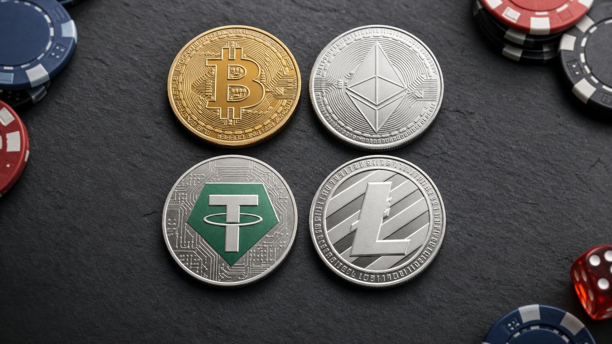 Cryptocurrency coins Bitcoin Ethereum USDT Litecoin on dark slate with casino chips — no verification casino payments