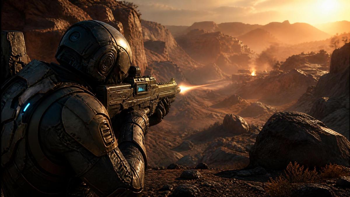 Armored soldier aiming a futuristic burst assault rifle across a volcanic canyon - best assault rifles in Apex Legends Season 30