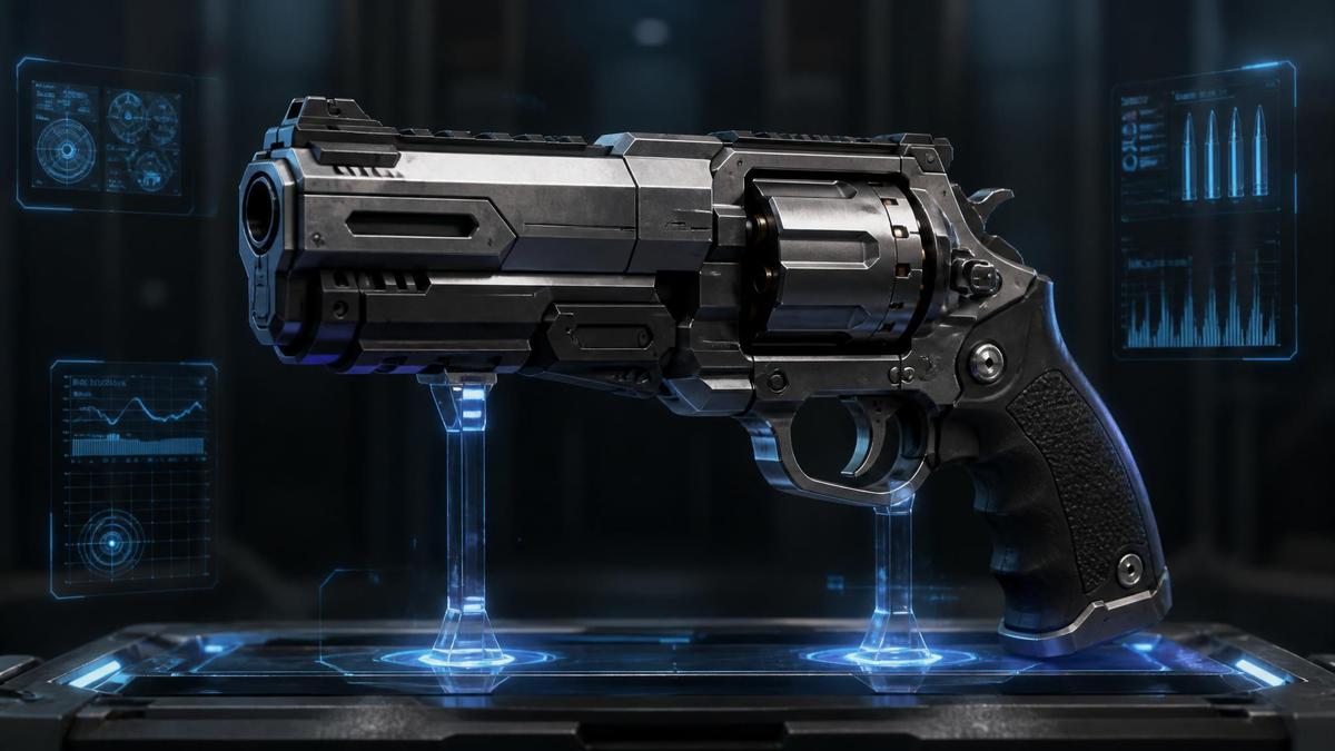 Heavy revolver-style sidearm displayed on a holographic weapon rack - best pistols in Apex Legends Season 30