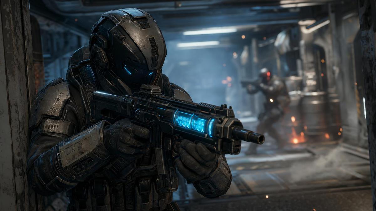 Sci-fi soldier holding a compact energy submachine gun in a neon-lit corridor - best SMGs in Apex Legends Season 30