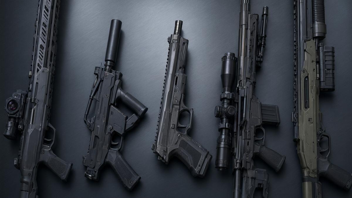 Row of futuristic firearms representing Arc Raiders weapon classes
