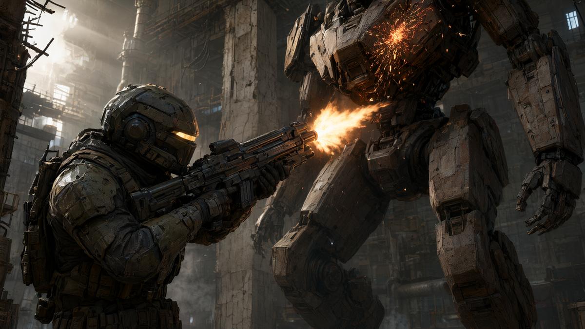 Arc Raiders raider firing at a large ARC war robot in an industrial ruin
