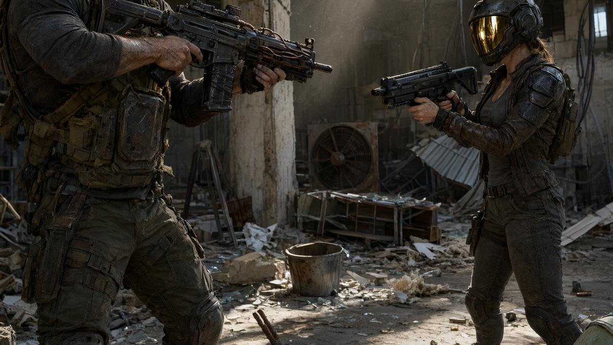 Two Arc Raiders scavengers in a tense PvP standoff inside a ruined building