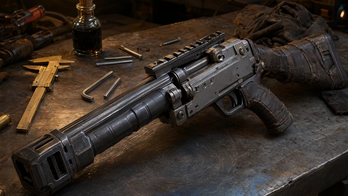 Futuristic break-action heavy rifle resembling the Ferro on a workbench