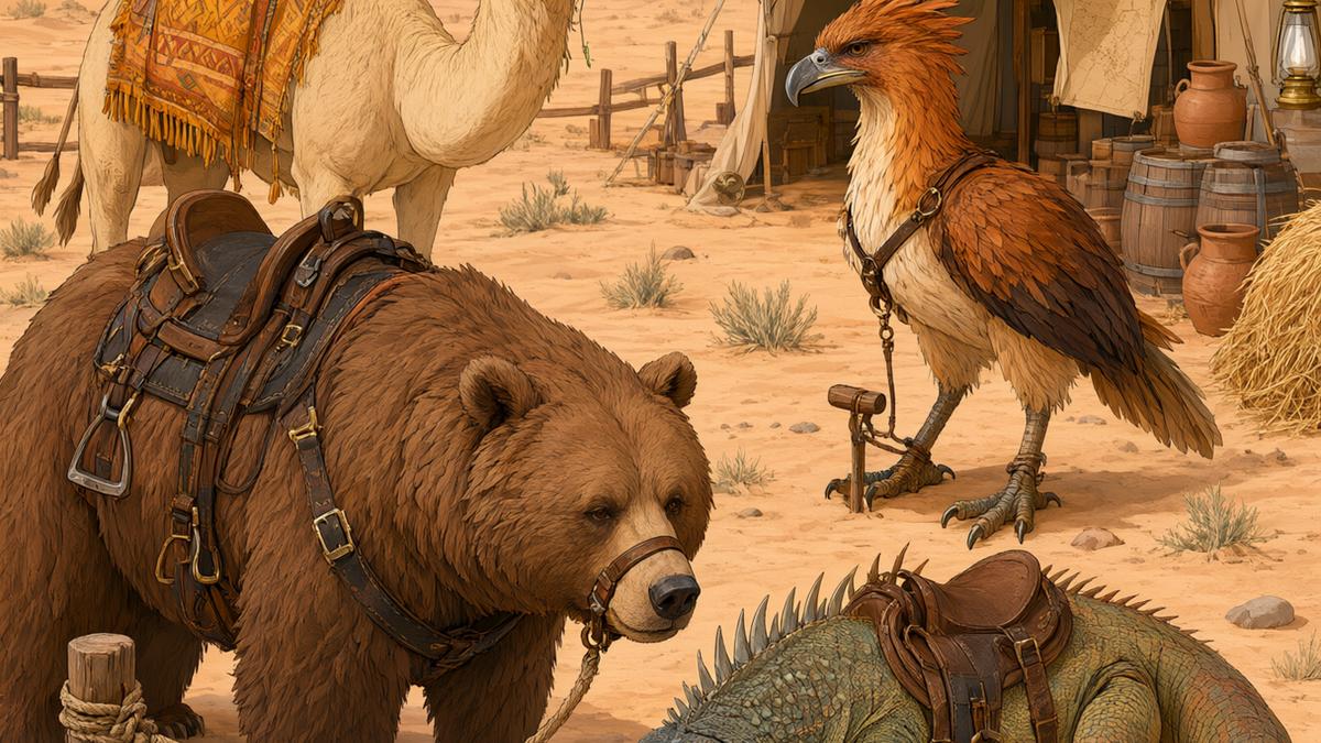 Special mounts in Crimson Desert — bear, giant iguana, camel and raptor at a desert camp