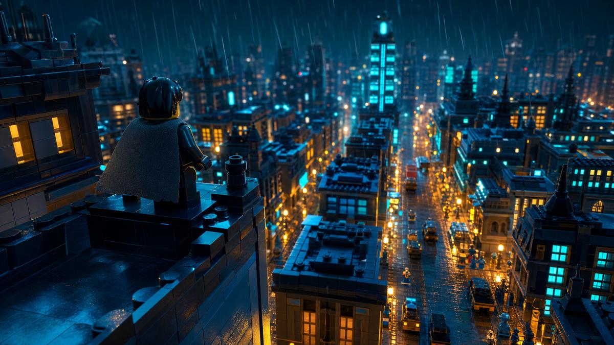 Caped minifigure silhouette on a rooftop above a rain-soaked brick-built gothic city at night