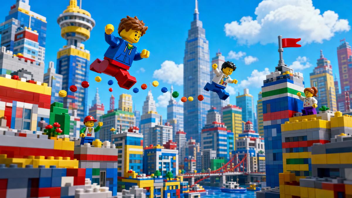 Minifigure-style characters leaping between brick skyscrapers in a bright toy metropolis - LEGO Marvel Super Heroes open world