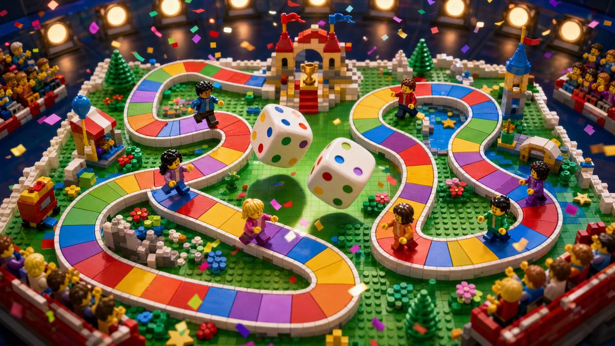 Minifigures racing along a toy-brick board game track with a giant die - LEGO Party
